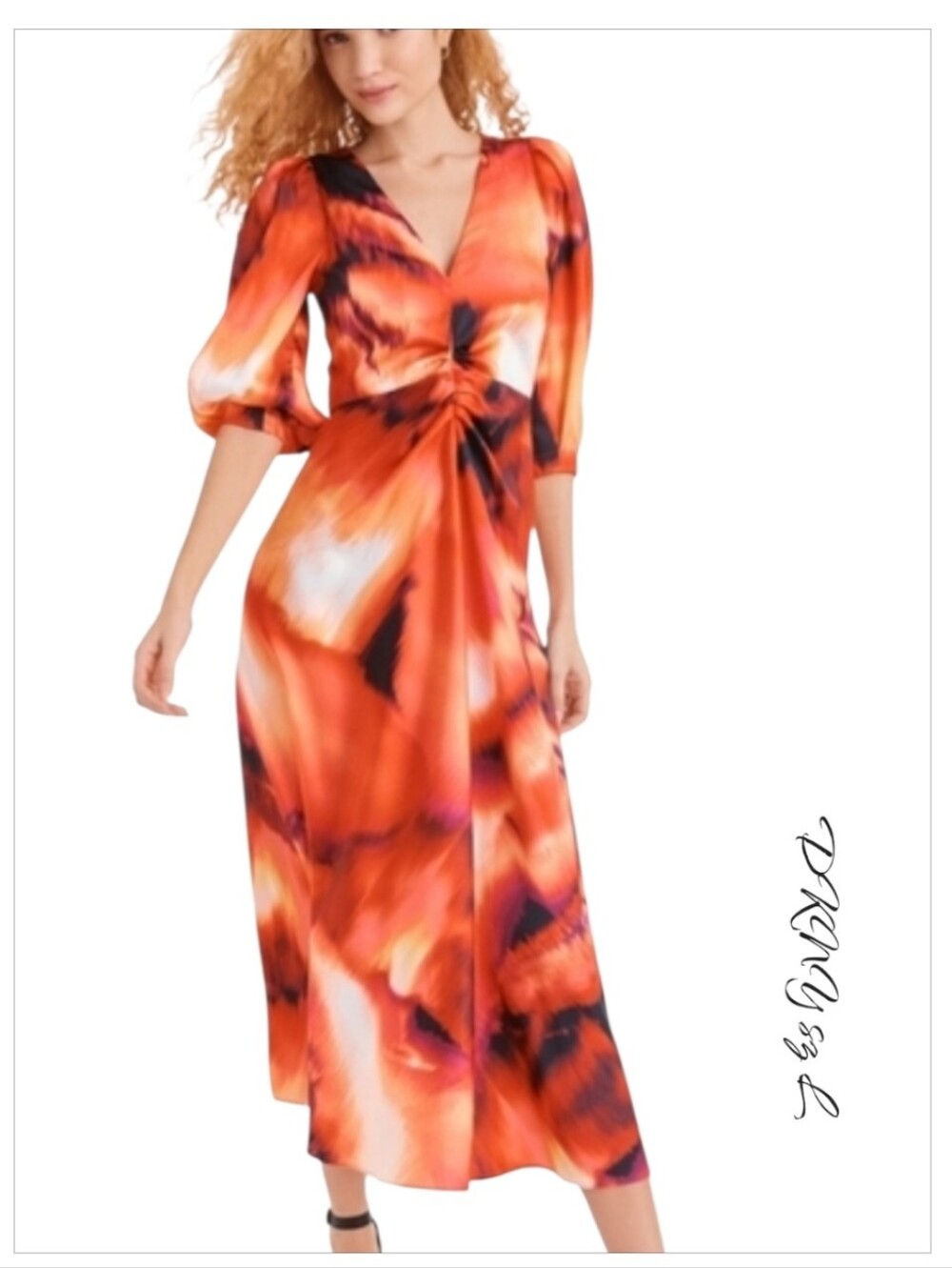 DKNY Printed Satin Midi Dress Red Orange Abstract Puff Sleeve L NWT - Picture 3 of 15